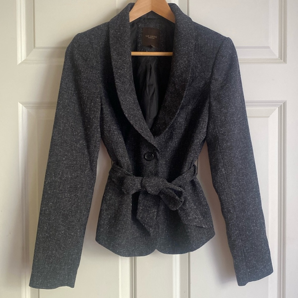 The Limited Collection Tweed Belted Blazer Jacket Size S Gray Ruched Sleeve